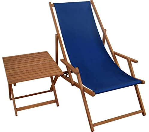 Erst-Holz Liegestuhl blau Strandliege Gartenliege Tisch Buche Deckchair Strandstuhl klappbar 10-307 T