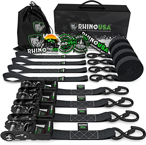 Rhino USA Ratchet Straps Tie Downs (4-Pack) - 2.5cm x 4.6m (800kg Break Strength) - Ultimate Tie Down Straps with Safety S Hooks - Premium Straps for Trucks, Cargo, Moving, Appliances - Black