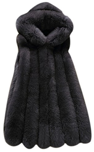LaoZan Donne Gilet di Pelliccia Ecologica Senza Maniche con Cappello per Inverno - Grigio Scuro - 2X Large