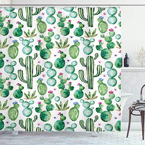ABAKUHAUS Kaktus Duschvorhang, Mexikanischer Kaktus-Anlagen, Stoffliches Gewebe Badezimmerdekorationsset mit Haken, 175 x 180 cm, Lime Green Pale Pink