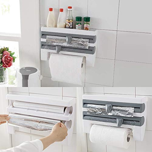 Grey 3 in 1 Wall Mounted Roll Holder - Film, Foil and Paper Dispenser and Cutter, 15.35 x 3.94 x 9.45