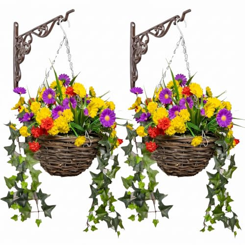 Primrose Premium Large Artificial Outdoor Hanging Baskets with Flowers (Wildflower, Set of 2)