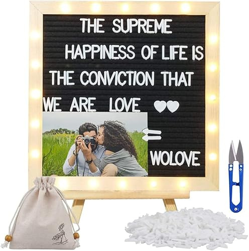 Black Felt Letter Board with Lights, Built-in LED Lights -Message Board Adjustable Stand, 340 Letters,- for Menus, Pregnancy Announcement, Weddings, Party Planning(10 * 10) (blackＢ)
