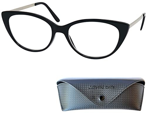 Mini Brille - Occhiali con Luce Blu Bloccanti Stile da Gatto, Custodia inclusa, Montatura in Plastica con Aste in Acciaio Inox (Nero), Cat Eye Occhiali da Lettura Donna + 1.5 Diottrie
