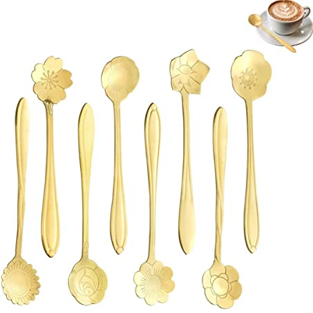 LYTIVAGEN 8 Pezzi Set di Cucchiaini da Caffè Cucchiaio in Acciaio Inox a Forma di Fiori Metallici Cucchiaini per Fiori Creativi Piccolo Cucchiaio da Zuppa per Zucchero Gelato Dessert Marmellata - Oro