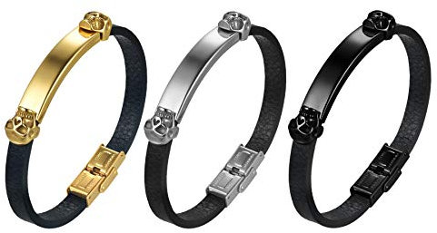 JewelryWe Schmuck 3pcs Personalisierte Lederarmband Herren mit Totenkopf Schädel Hochglanz Poliert Gravurplatte, Edelstahl Armreif Armspange mit Gravur Geschenk