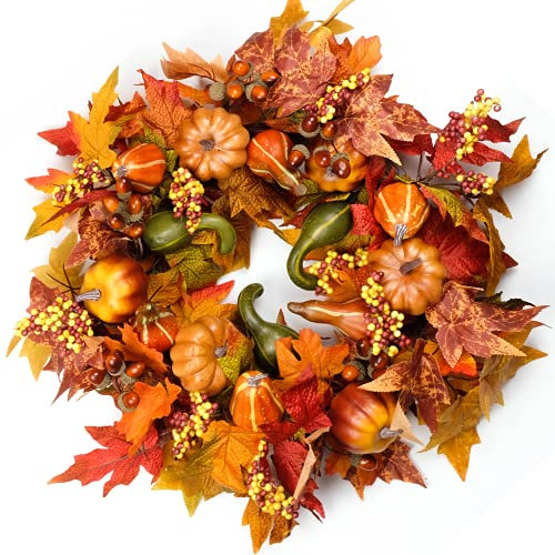 Fall Wreaths for Front Door 22 inch 55cm, Fall door wreath with Pumpkin, Maple Leaves Autumn Thanksgiving Harvest Festival Decorations Indoor and outdoor