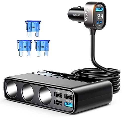 JOYROOM 210W Zigarettenanzünder Verteiler,【2025 Upgrade】Auto KFZ Ladegerät Adapter, 3 Fach 12V/24V Stecker Ladekabel Splitter mit 36W PD & 5 USB Anschlüsse für iPhone 17/iPad/Dashcam/GPS/Sitzheizung