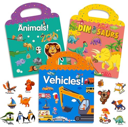 Surcotto Stickerbuch ab 1 2 3 4 5 Jahre, Wiederverwendbare Sticker Kinder(Fahrzeuge+Tiere+Dinosaurier), Sticker Buch für Mädchen und Jungen, Sensory Play, für Unterwegs Auto Flugzeug Zug Reise