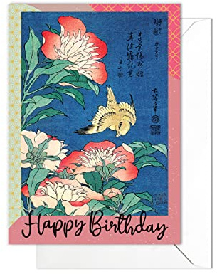 Happy Birthday Grußkarten – Japanische Ukiyo-e Holzblock-Druck, Kunstkarte mit Umschlag (Hokusai Pfingstrosen und Kanarienvögel) – Code P12