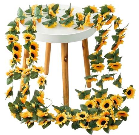 2 Stück künstliche Sonnenblumengirlande, Seide, Sonnenblumenrebe mit grünen Blättern, hängende Sonnenblumen für Hochzeit, Party, Zuhause, Garten, Dekoration
