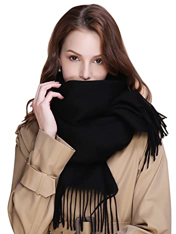 HOLEMZ Echarpe Femme Cachemire Hiver Grande Taille Douces Écharpe Longue Chaude Couverture Mode Elégant Réversible avec Gland pour Automne Homme Mariage Fête Noir 200×68cm