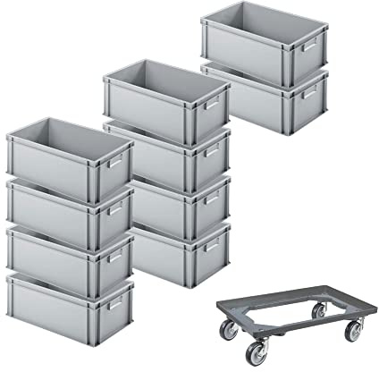 SparSet 10x Eurobehälter mit geschlossenem Griff & 1x Transportroller Grau | HxBxT 22x40x60cm | 38 Liter | Eurobox, Transportbox, Transportbehälter, Stapelbehälter
