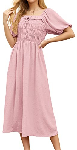 GRECERELLE Womens Summer Casual Midi Maxi Dress Square Neck Half Sleeve Ruffled Backless Smocked Elastic Waist Swiss Dot Cocktail Long Dresses for Ladies