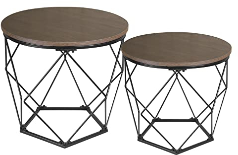 Ribelli 2er Set Beistelltisch, Wohnzimmertisch mit Korbfunktion, Couchtisch Rund, Korbtisch mit Abnehmbare Tischplatte, Metalltische für Wohnzimmer, Schlafzimmer, Büro, Braun/Schwarz, 500732