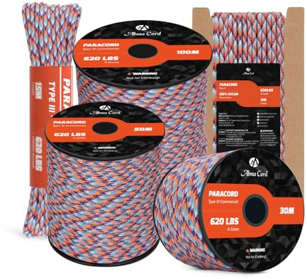 Abma Cord 4mm Paracord 620lb 100M 9 Kärntrådar Nylonrep Typ III för DIY, Camping, Överlevnad, Utomhus - Max. 280kg - Toppmöte