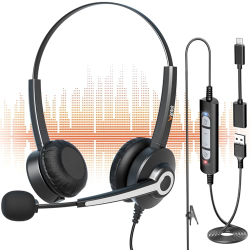 Wantek 682N Headsets mit Mikrofon USB/Typ-C Kopfhörer mit Noise Cancelling Mikrofon Kabelgebundene PC Headsets für Computer Laptop Online Konferenz Meeting Skype Zoom MS Teams Call Center