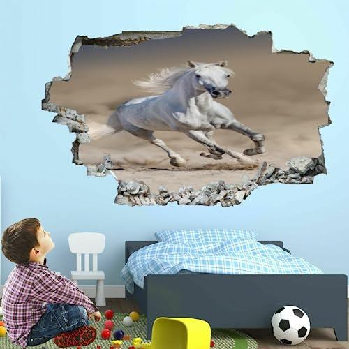 3D-Wandaufkleber, weißes Pferd, zertrümmert, Wandtattoo, Jungen-Schlafzimmer, Wandaufkleber, Wandbild, Tier-Wandkunst, abnehmbares Poster, Mädchen- und Kinderzimmer