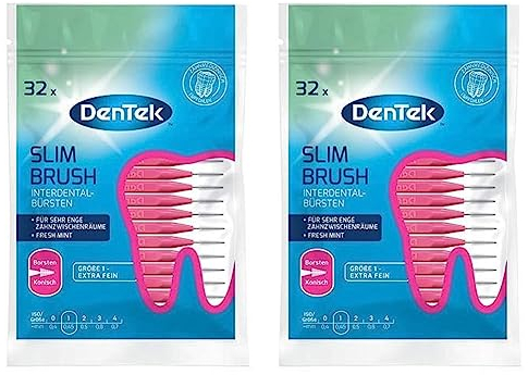 DenTek Slim Brush - Größe 1 - extra fein - für sehr enge Zahnzwischenräume - mit Minzgeschmack und hygienischer Schutzkappe, 32 Stück Pink (Packung mit 2)