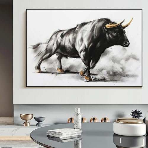 Pintura en lienzo de toro negro de animales, carteles e impresiones de corrida de toros, imágenes artísticas de pared escandinavas, decoración para sala, 60x90cm (24x35 pulgadas) con marco negro