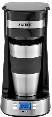 ARTECH Personal Coffee Maker – 750W Slim One Cup Coffee Machine, 420ml Stainless Steel Insulated Travel Mug, 24-Hour Programmable Timer, Reusable & Washable Filter, 3-4 min Fast Brew