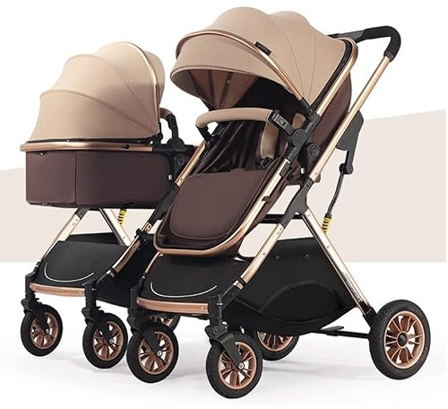 MEHWSAR Zwillings-Kinderwagen, Doppel-Kinderwagen for Säuglinge und Kleinkinder, Zwillings-Kinderwagen, Kleinkind-Kinderwagen for Zwillinge, Faltbarer Tandem-Kinderwagen mit Doppelsitz(Gold)