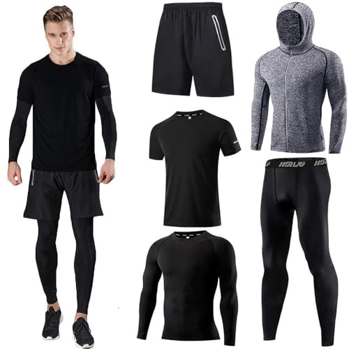 Holure herr sport löpningsset (paket med 4 eller 5) atletisk skjorta + kort/kompression tröja + byxor med kappa träningsoverall gym kostymer, 5-pack: svart, XL