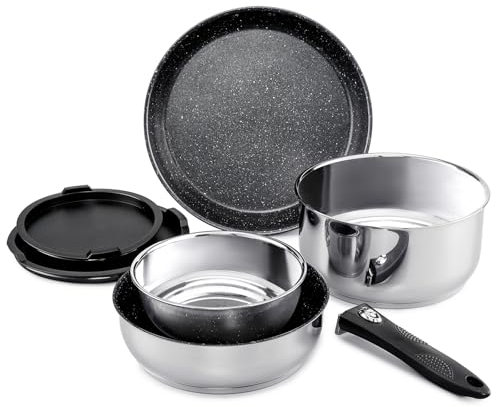 ROSSETTO Set di pentole a induzione, 7 pezzi, in acciaio inox, con manico rimovibile, antiaderente privo di PFAS, padella da 20/26 cm, casseruola da 16/20 cm, per tutti i piani cottura, impilabile in
