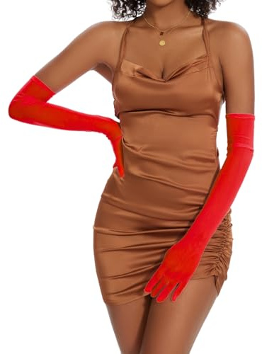 Ammiko Guanti da donna in rete velati lunghi guanti formali in pizzo tulle guanti elastici guanti sexy guanti da ballo per feste in costume da opera, Rosso, taglia unica