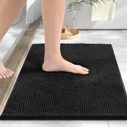 HITSLAM Alfombra De Baño De Chenilla, Antideslizante, 80x50 cm, Negro | Súper Absorbente, Secado Rápido, Lavable A Máquina, Textura Suave, Lavable a Máquina para Ducha, Bañera, WC o Baño