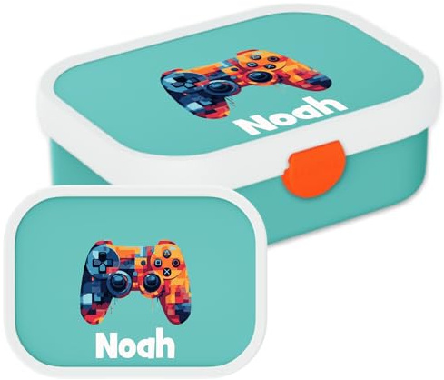 Mepal Campus Lunchbox mit Namen Gaming – 750 ml – Blau | Personalisierte Bento Brotdose mit Namen für Kinder – Bento-Einsatz & Gabel – Clip-Verschluss – Spülmaschinenfest