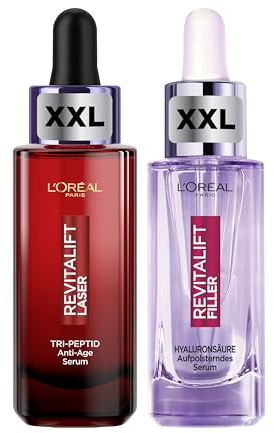 L'Oréal Paris Revitalift Anti-Aging Set: Laser Tri-Peptide Serum & Hyaluron Filler Serum – Strafft, Polstert Auf & Spendet Feuchtigkeit, 2er Pack