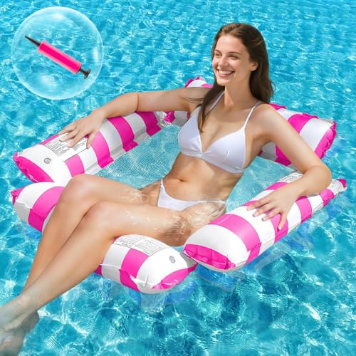 DOUUCO 4 in 1 Wasserhängematte Luftmatratze für Pool, Mit Netz & Infloator Pumpe, Strapazierfähig für Erwachsene, Rosenrot