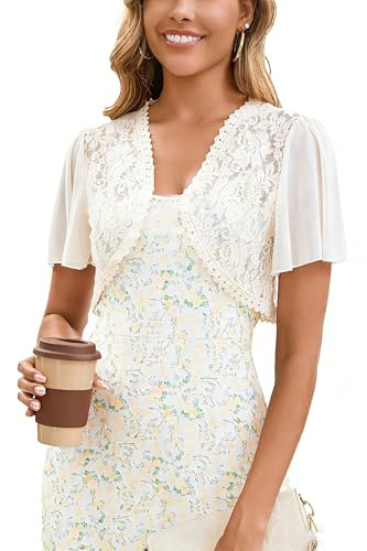 Boléro Femme Dentelle Gilet Veste Transparentes Cardigan Court Manches Courtes pour Robe Mariage T Shirt Bretelle Chic Elégante Soirée Fête Décontracté Beige S