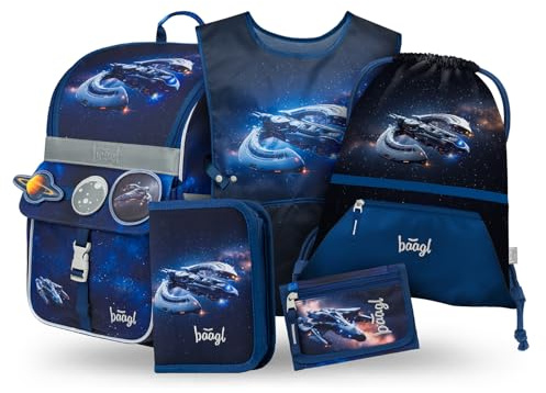 Baagl Schulranzen Jungen Mädchen Set 5 Teilig (Zippy Schultasche für 1. Klasse, Mäppchen, Turnbeutel, Schürze, Brustbeutel), Grundschule Ranzen, Ergonomischer Schulrucksack, 18 l