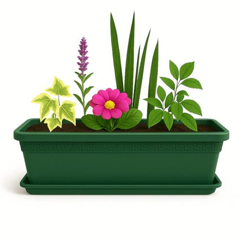 TECHZOCO Jardinera de plástico con Plato, Macetero Jardín, Incluye Plato, Fabricado en Polipropileno, Apto balcón, Patio, Interior/Exterior, 50 cm Largo x 15 cm Alto x 18 cm Fondo, Verde