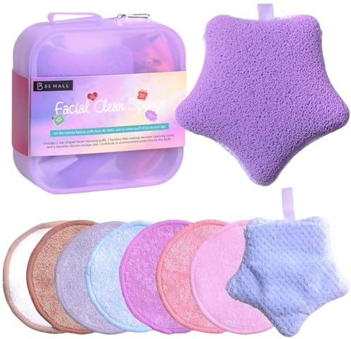BS-MALL Gentle Facial Sponge -10 Pcs Set Face Clean Sponges Reusable Makeup Removal Pads Clean Deep Down Dirt & Makeup Using Only Water, Gentle Exfoliator Cleansing Puff,with Silicone Travel Bag