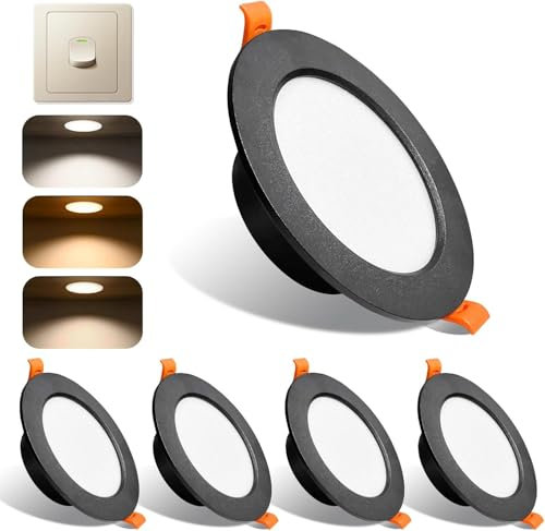 Sweier Ultra Slim 5W LED Recessed Ceiling Lights – 3 Adjustable Colors (6000K/3000K/4000K) 480LM, IP44 Living Room Kitchen Downlight Bathroom, Wall Switch Adjustable (Cutout 70mm) – Black, 5-Pack