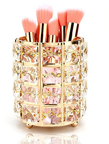Nisone Soporte para brochas de maquillaje de cristal, organizador redondo de cristal (dorado)