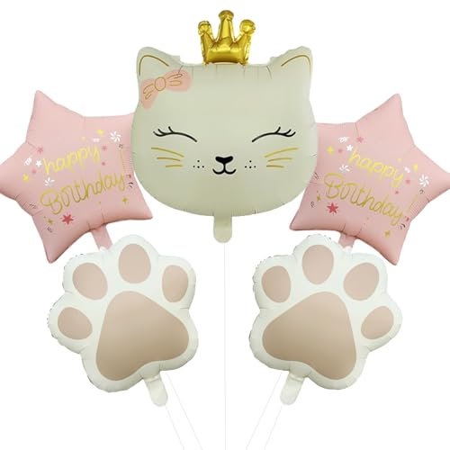 DazzJoy 5 Stück Katzen Deko Geburtstag Luftballons, XXL Katze Luftballon Tiere Ballons, Folienballon Tiere Geburtstag Katze Deko, Creme Rosa Kronen Katzen Ballon für Party Animals, Kindergeburtstag