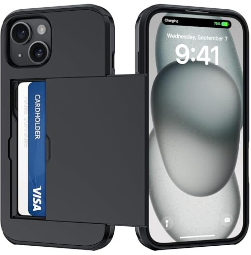 nicekool Coque pour iPhone 15 avec Porte Carte, Silicone TPU Étui de téléphone, Antichoc Housse de Protection Bumper Cover Anti-Rayures Case Coque Portefeuille Fente Cachée Coulissante, Noir