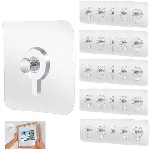 25 Pièce Accroche Tableau Sans Percer,Fixation Murale Sans Percer Crochets Mural Adhésifs Muraux Transparent pour Accroche Cadres Photo, Miroir, Tableau,Art Mural, Décoratives, Sans Trou (25 Pièce)