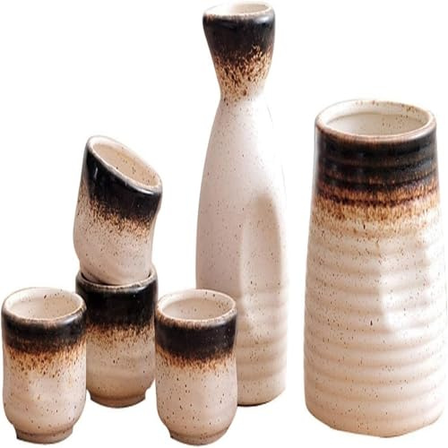 CVNIMV Set da sakè da 6 Pezzi con scaldavivande, Mini Set da sakè in Ceramica Tradizionali, Facili da Pulire, Fatti a Mano, Stile retrò e Semplice (1)