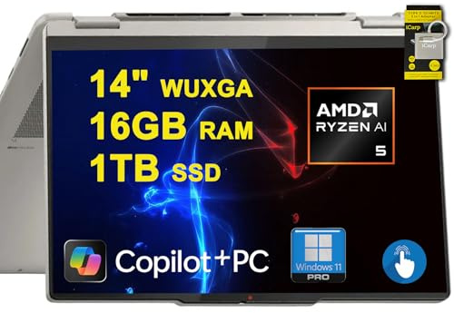 Lenovo Yoga 7 2-in-1 Laptop 14 WUXGA OLED Touch (100% DCI-P3, 600nits HDR) AMD 6-core Ryzen AI 5 340 (Up to 50 Tops) 16GB RAM 1TB SSD for Creator Business Professional Win11Pro ICP Hub w/Copilot AI