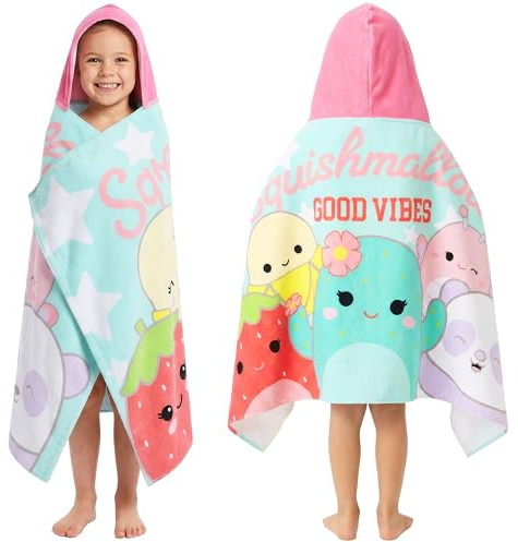 Squishmallows Hooded Towels for Girls, 100% Cotton Bath & Beach Towel Ponchos, Soft & Absorbent Kids Shower Swimming Wrap & Changing Robe, Pool, Travel & Holiday Essentials (Multi Squishmallows)