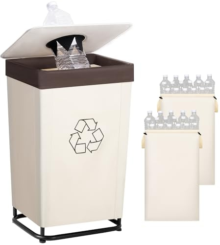 StorageWorks Recycling Bin with Lid, 29Gal Large Recycling Bin for Kitchen, Indoor Recycling Bins with 2 Reusable Washable Bags for Bottles and Cans, Steel Frame Fabric Sorter, 110L, Beige