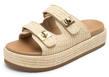 DREAM PAIRS Women's Espadrilles Platform Wedge Sandals,Natural,8.5 | Women Raffia Espadrilles Summer Comfortable Wedge Sandals Beach Vacation Adjustable Buckle Cute Slide Sandals