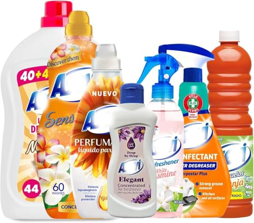 7 Piece Orange Bundle Spanish Cleaning Products Giftset Kit, Degreaser, Scent Booster, Floor Cleaner, Liquid Air Freshener Drops, Sensations Fabric Softener, Laundry Detergent, White Jasmine