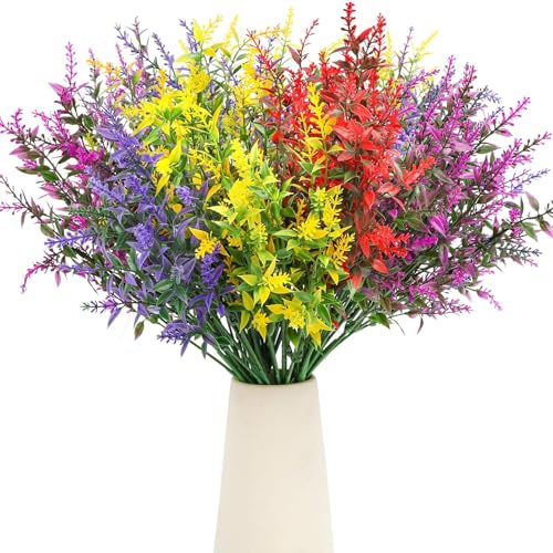 8 Bundles Outdoor Artificial Lavender Flowers, UV Resistant Faux Flowers | 4 colors, 7 bendable stems. Pet-friendly, fade-proof. Lifelike, zero maintenance.