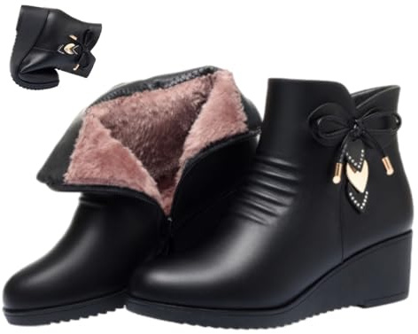 WINDEHAO Stivaletti da donna con plateau e cerniera laterale, ortopedici in pelle, con zeppa sfocata, con strass scintillanti, foderati in pelliccia, stivali da neve, Nero , 44 EU